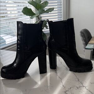 Black Croc-Embossed Ankle Boots